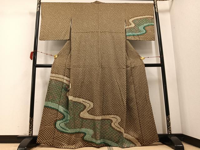 平和屋着物●訪問着　駒刺繍　絞り　草花青海波　金糸　正絹　逸品　AABD3944ph