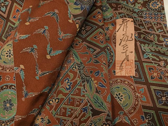 平和屋着物●染色作家　斉藤三才　小紋　花鳥文　正絹　逸品　AABD3945ph