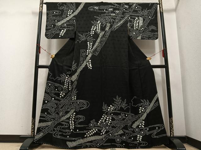 平和屋着物●訪問着　絞り　流水草花文　黒地　正絹　逸品　AABD3988ph