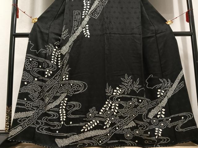 平和屋着物○訪問着 絞り 流水草花文 黒地 正絹 逸品 AABD3988ph｜平和