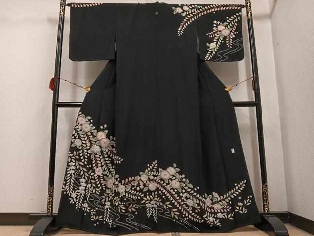 平和屋着物●訪問着　作家物　辻が花　絞り　黒地　正絹　逸品　AABD3989ph