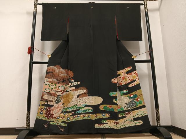 平和屋着物●アンティーク　大正ロマン　黒留袖　松竹梅群れ鶴文　正絹　逸品　AABD4409ph