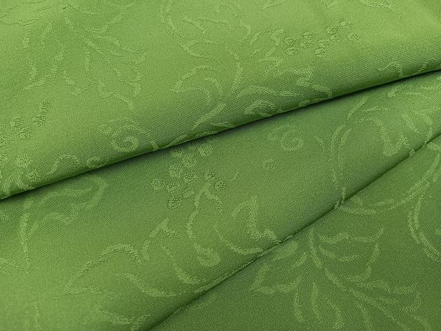平和屋着物●上質な色無地　葡萄唐草地紋　草色　正絹　逸品　AABD4447ph