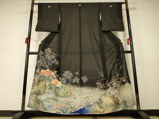 平和屋着物＊夏物　黒留袖　絽　刺繍　流水草花文　銀彩　正絹　逸品　AABD4531jd