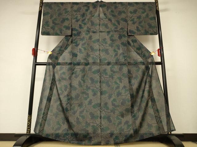 平和屋着物＊夏物　小紋　紗　枝葉文　洗える着物　AABD4581jd_1