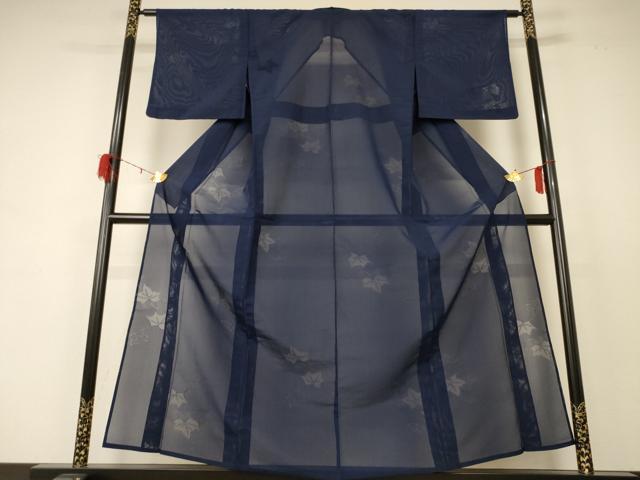 平和屋着物＊夏物　色無地　縦絽　舞葉紋紗　濃藍色　正絹　逸品　AABD4604jd