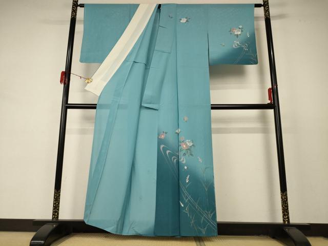 平和屋着物＊夏物　訪問着　絽　流水草花文　銀彩　正絹　逸品　AABD4659jd_1