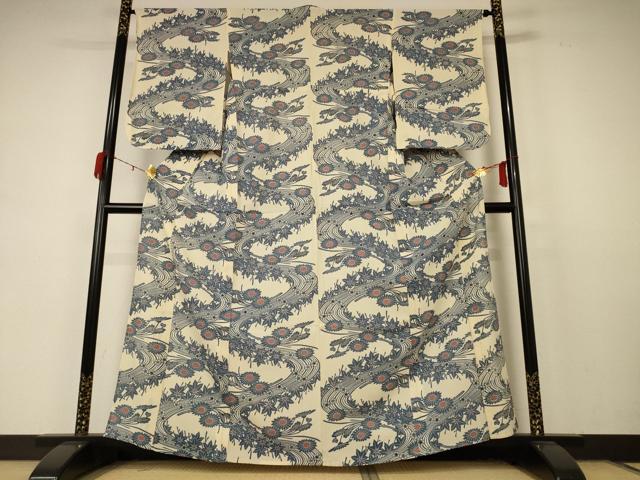 平和屋着物＊夏物　小紋　絽　型染め　流水草花文　正絹　逸品　AABD4673jd 平和屋着物＊夏物 色無地 絽 流水草花文紗 錆青磁色 正絹