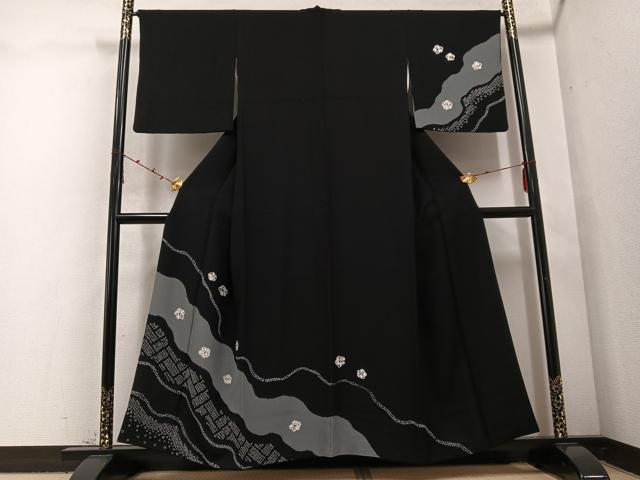 平和屋着物●訪問着　絞り　舞花文　黒地　正絹　逸品　AABD4723ph