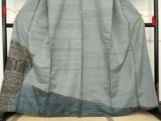 平和屋着物●訪問着　作家物　紬地　木版染め　飾花文　正絹　逸品　AABD4999cs 平和屋着物○訪問着 作家物 紬地 木版染め 飾花文 正絹