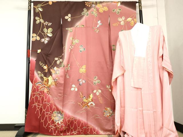 平和屋着物●豪華振袖・長襦袢(袷)セット　花蝶文　暈し染め　金彩　正絹　逸品　AABD5013cs