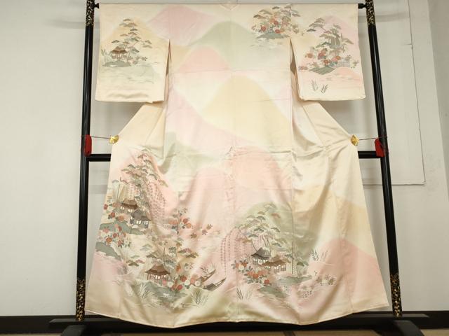 平和屋着物●訪問着　駒刺繍　風景笠松花文　暈し染め　金彩　正絹　逸品　AABD5025cs