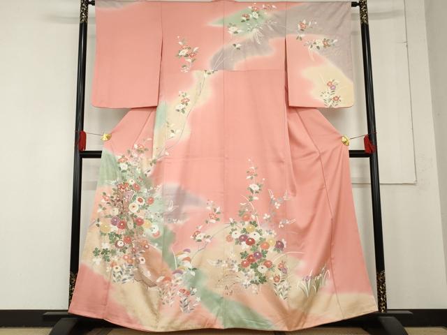 平和屋着物●訪問着　駒刺繍　御所車枝花文　暈し染め　金銀彩　正絹　逸品　AABD5051cs