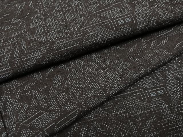 平和屋着物●結城紬　100亀甲　風景樹林文　正絹　逸品　AABD5996ph