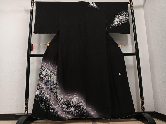 平和屋着物●越後十日町の一流染匠　桐屋・翠山工房　訪問着　辻が花　絞り　暈し染め　黒地　銀彩　やまと誂製　正絹　逸品　AABD6039ph