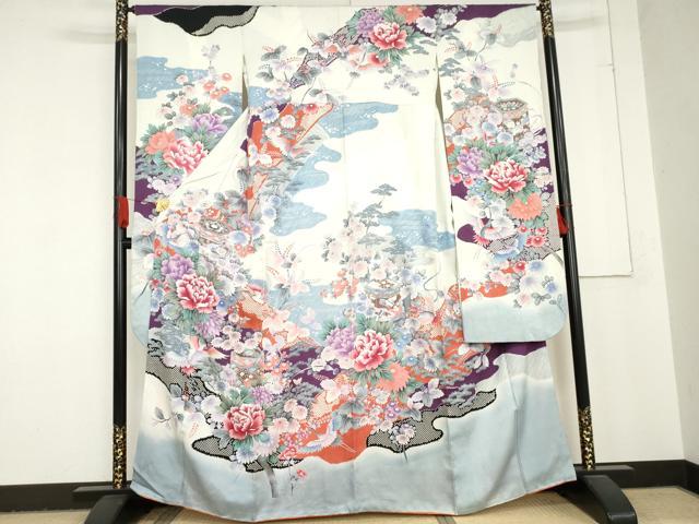 平和屋着物●豪華振袖　絞り　貝桶飛鶴草花文　銀彩　正絹　逸品　AABD6226cs