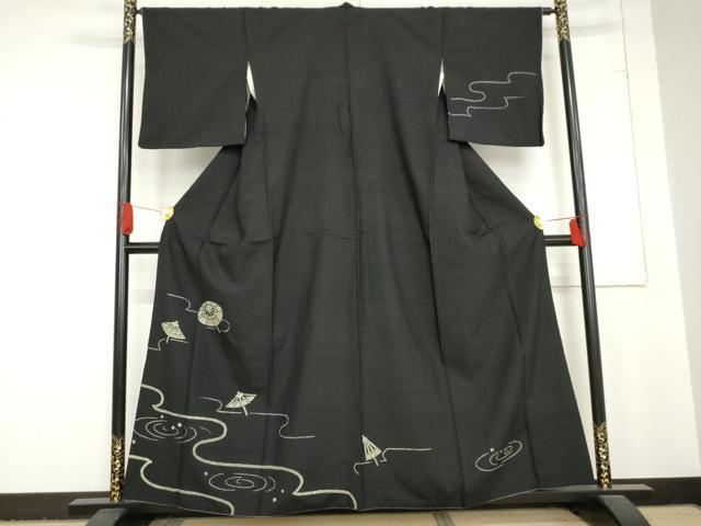 平和屋着物●訪問着　紬地　番傘　黒地　正絹　逸品　AABD6240cs