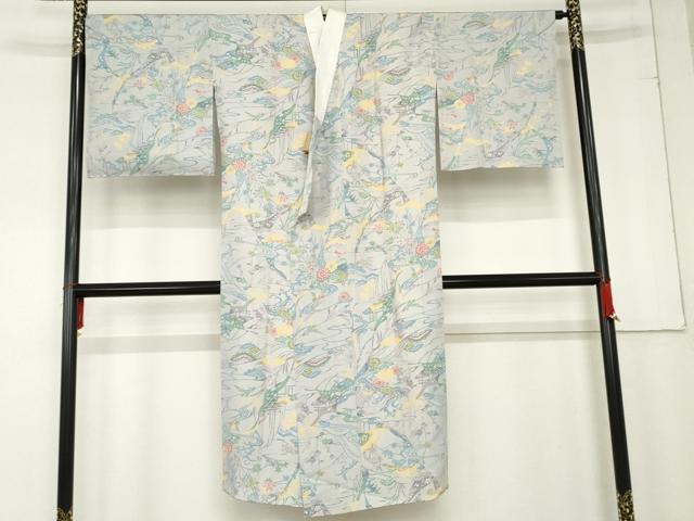 平和屋着物●長襦袢　袷　型染め　風景花松文　正絹　逸品　未使用　AABD6281cs