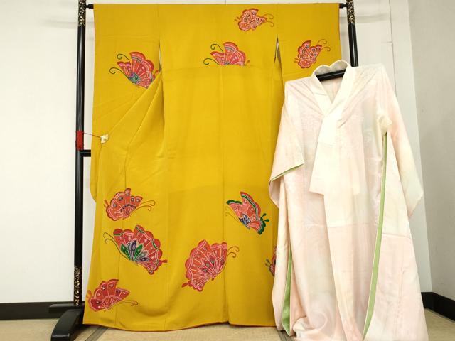 平和屋着物●豪華振袖・長襦袢(無双仕立て)セット　作家物　紅型　舞蝶文　鬼しぼ縮緬　正絹　逸品　AABD6282cs