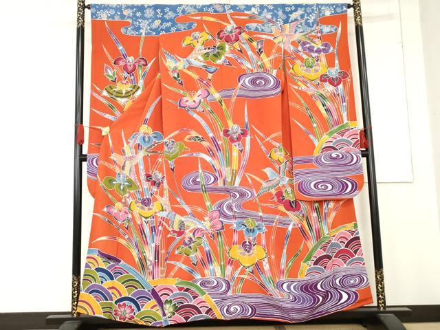 平和屋着物●豪華振袖　紅型　流水花鳥文　正絹　逸品　AABD6320cs