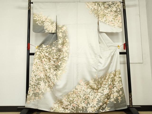 平和屋着物●訪問着　駒刺繍　草花文　暈し染め　金彩　正絹　逸品　AABD6372cs