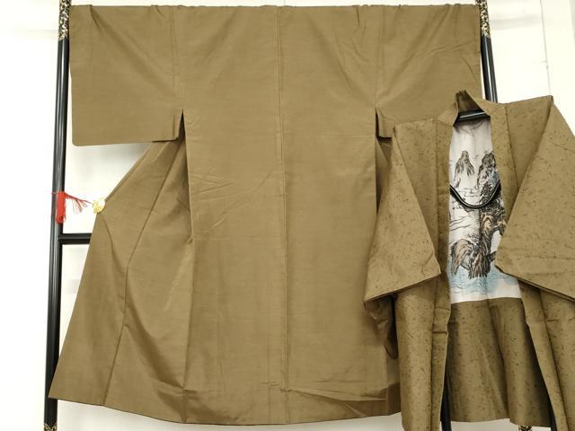 平和屋着物●男性　紬　アンサンブル　色無地　空五倍子色　正絹　逸品　AABD6415cs