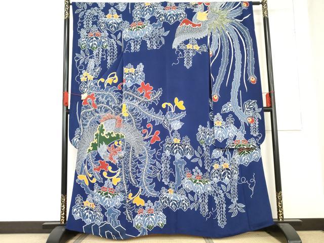 平和屋着物●和染紅型　栗山紅型　栗山吉三郎　振袖　鳳凰桐文　鬼しぼ縮緬　正絹　逸品　AABD6419cs