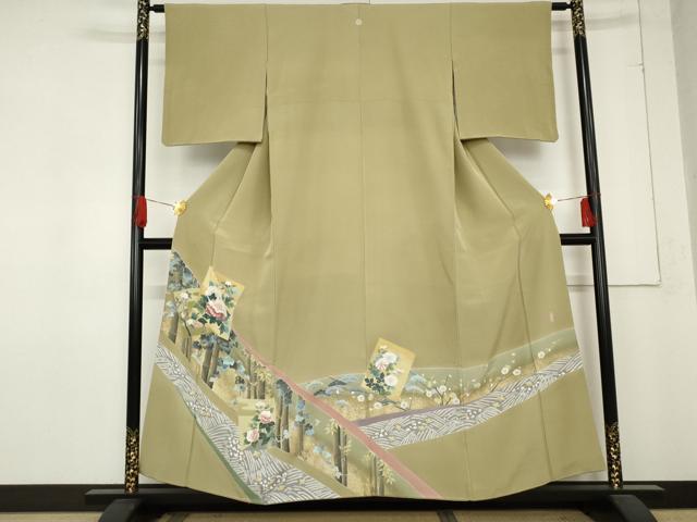 平和屋着物●十日町友禅作家　阿部佳雪　色留袖　笹竹　千鳥　色紙風景花文　金彩　正絹　逸品　AABD6439cs