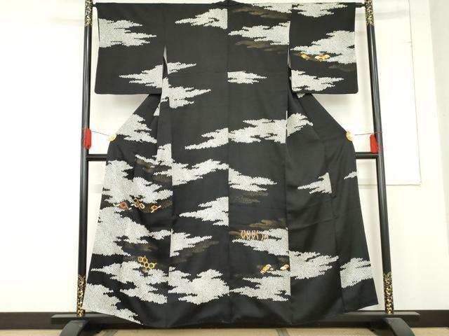 平和屋着物●訪問着　絞り　駒刺繍　吉祥文　黒地　金彩　金糸　正絹　逸品　AABD6440cs