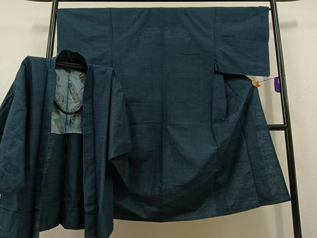 平和屋着物▽男性　紬　単衣　アンサンブル　青藍色　正絹　逸品　AABD6469jh