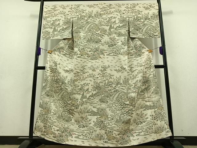 平和屋着物▽訪問着　単衣　紬地　風景花文　正絹　逸品　AABD6471jh