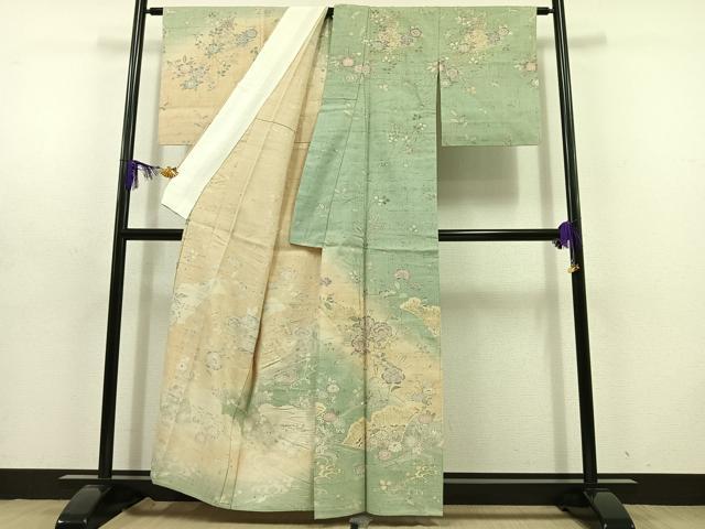 平和屋着物▽染織の名門 しょうざん 生紬 訪問着 単衣 扇面花鳥文 正絹