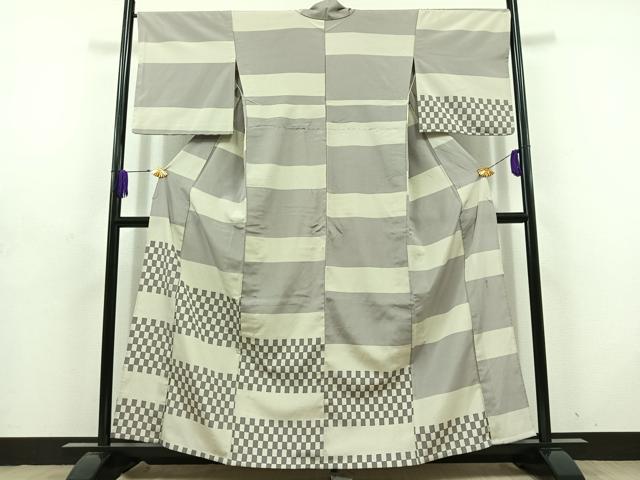 平和屋着物▽本塩沢　藤倉守正　訪問着　単衣　横段文　正絹　逸品　AABD6475jh