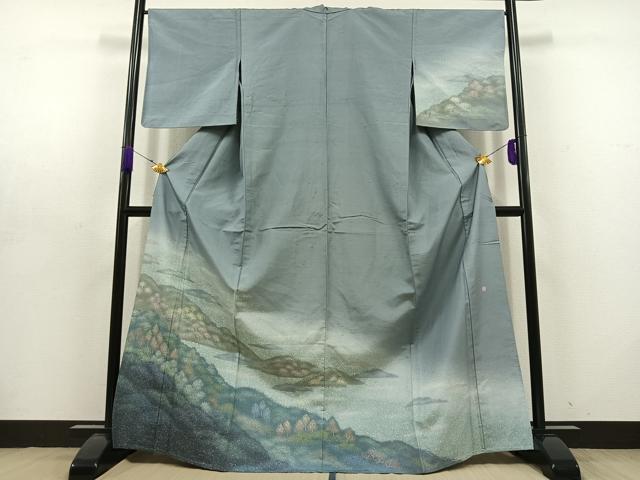 平和屋着物▽石川県指定無形文化財　牛首紬　白山工房　手織り　訪問着　単衣　風景文　正絹　逸品　AABD6476jh