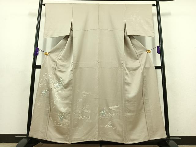 平和屋着物▽訪問着　単衣　手描き　刺繍　風景花文　正絹　逸品　AABD6477jh