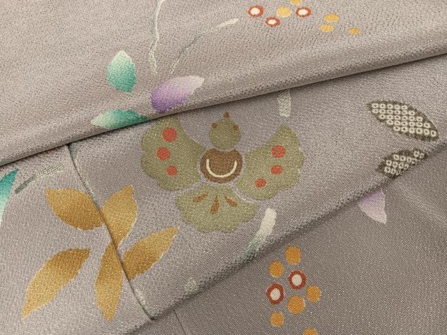 平和屋着物●上質な小紋　草木群れ鳥文　鬼しぼ縮緬　正絹　逸品　AABD6556ph