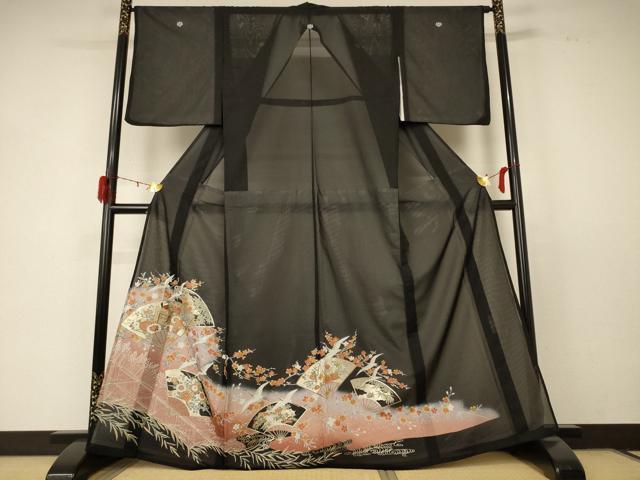 平和屋着物＊夏物　黒留袖　絽　扇子花鳥文　金彩　洗える着物　AABD6617jd