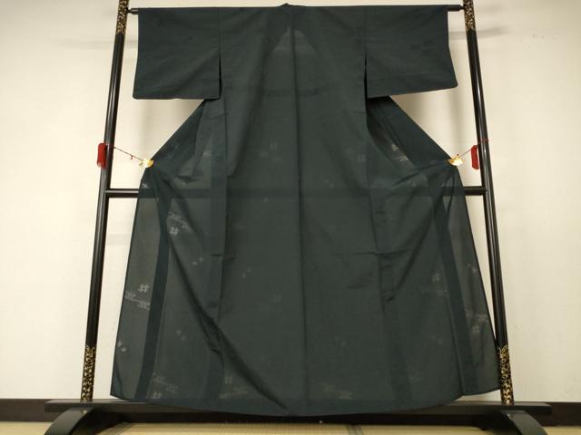 平和屋着物＊夏物　色無地　紗　絣文　黒緑色　正絹　逸品　AABD6638jd