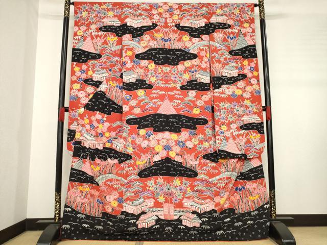 平和屋着物●紅型　振袖　風景花文　正絹　逸品　AABD6666ck