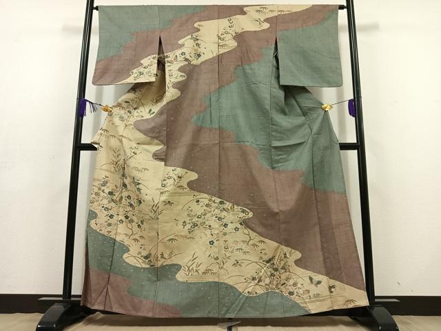 平和屋着物▽染織の名門　しょうざん  生紬　訪問着　単衣　絞り　花蝶文　正絹　逸品　AABD6988jh