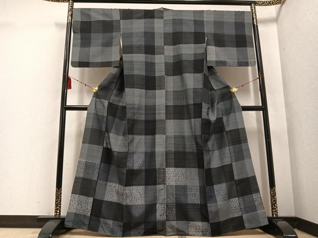 平和屋着物●訪問着　紬地　絞り　市松文　正絹　逸品　AABD7040ph