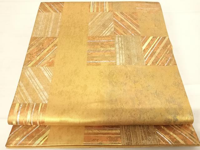 平和屋着物●金彩友禅作家　金彩の魔術師　堀省平　金煌織　省平美術　太鼓柄袋帯　幾何学市松文　引箔　正絹　逸品　AABD7088yx