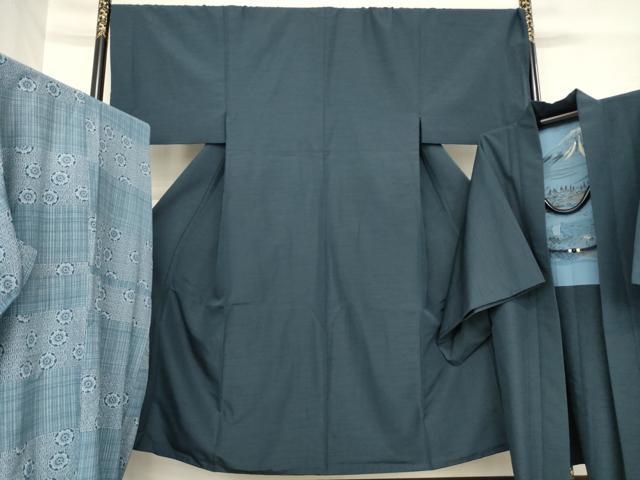 平和屋着物●男性　紬　アンサンブル　長襦袢(無双仕立て)セット　色無地　青褐色　洗える着物　AABD7438ck