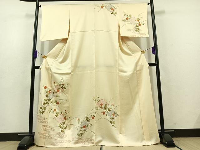 平和屋着物▽訪問着　単衣　駒刺繍　松皮菱花文　金彩　正絹　逸品　AABD7484jh