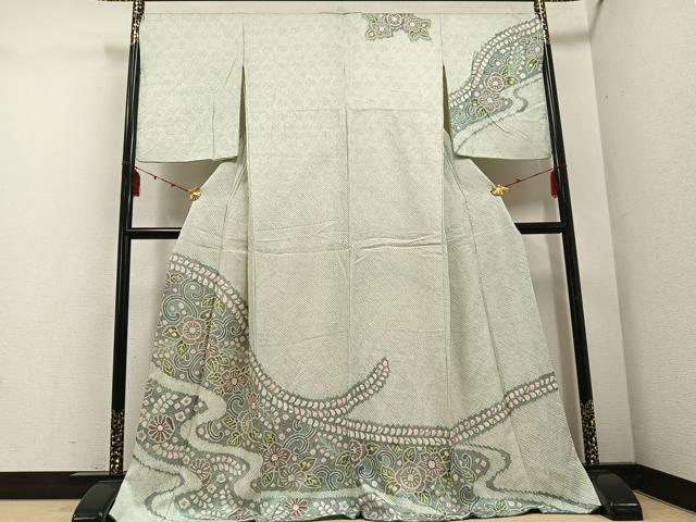 平和屋着物●訪問着　絞り　花唐草文　ロング丈　正絹　逸品　AABD7528ph