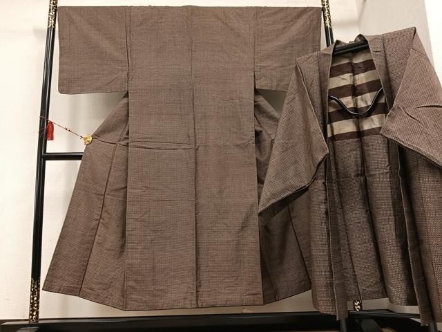 平和屋着物●男性　紬　アンサンブル　格子　正絹　逸品　AABD7554ph