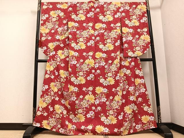 平和屋着物●小振袖　二尺袖　雪輪花文　金彩　洗える着物　AABD7561ph