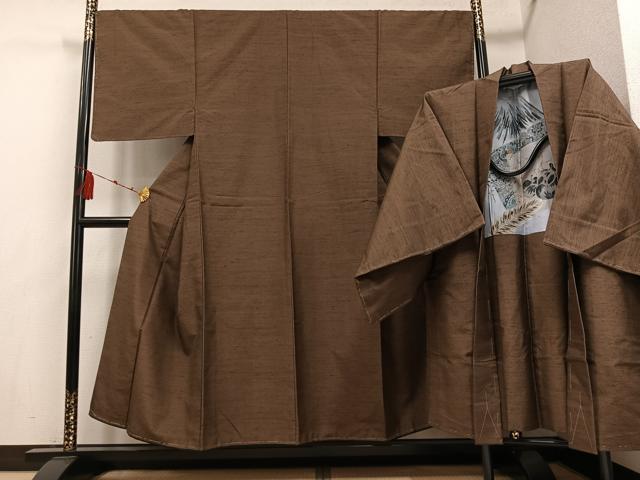 平和屋着物●男性　紬　アンサンブル　色無地　黄枯茶色　正絹　逸品　未使用　AABD7577ph