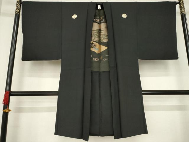 平和屋着物●男性　黒紋付　羽織　羽裏：風景文　正絹　逸品　AABD7602ck