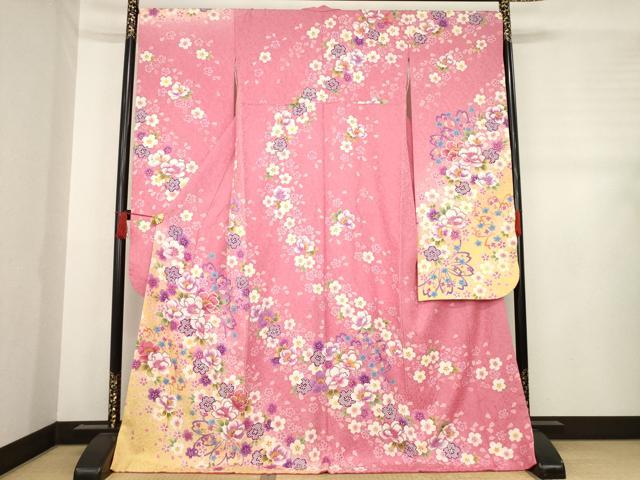 平和屋着物●豪華振袖　刺繍　舞花文　暈し染め　ロング丈　正絹　逸品　AABD7607ck